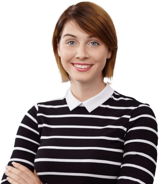 Smiling woman in black and white striped shirt